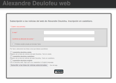 Pantalla de subscripción al web Deulofeu. Altas, bajas, modificaciones. Castellano.